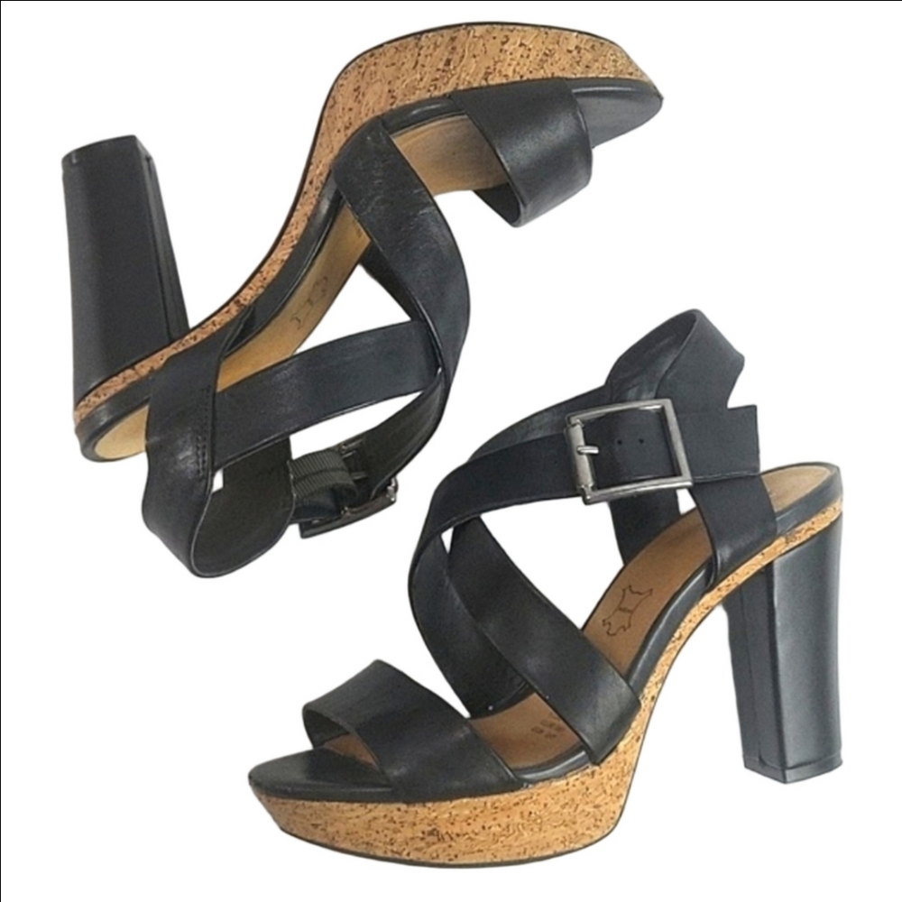 Flexi Black Leather Criss-Cross Strap Chunky Platform Heeled Sandal Size…